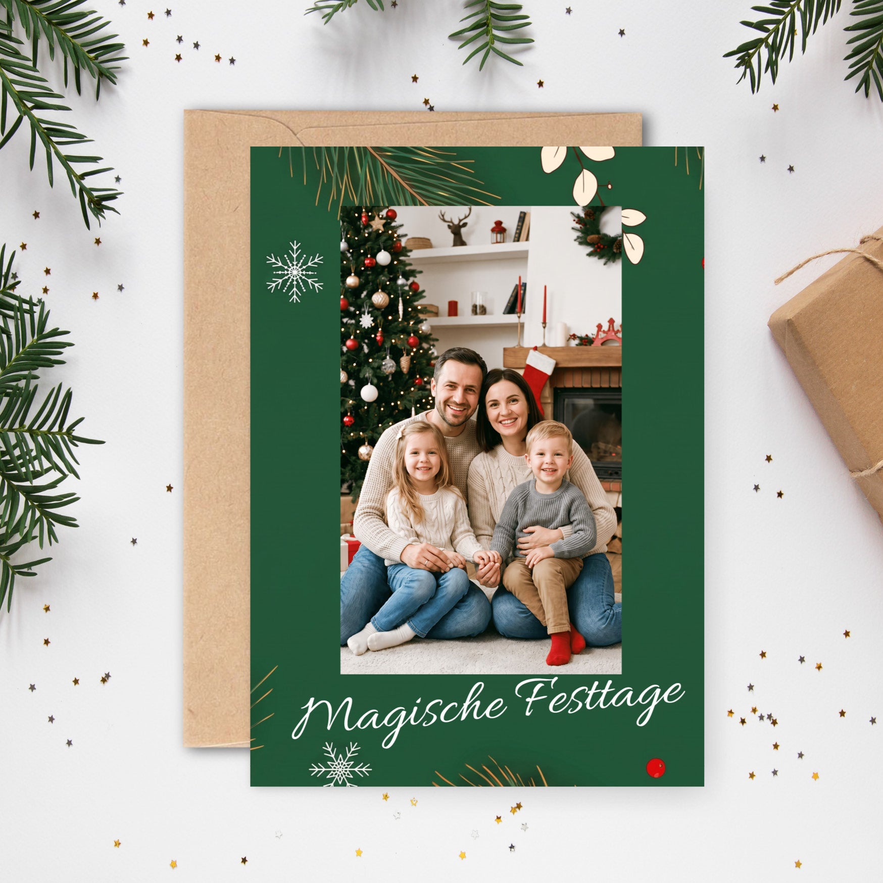 Weihnachtskarte personalisiert – „Magische Momente“ mit Foto grün